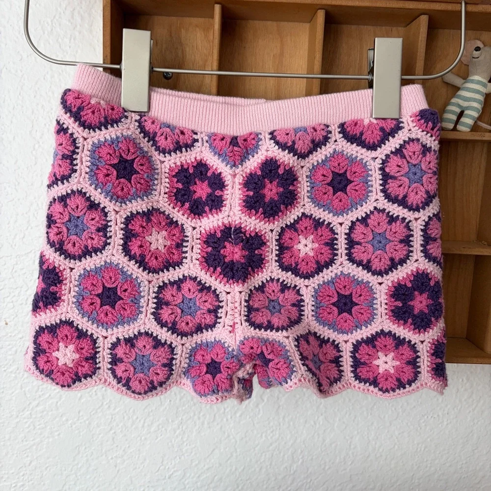 Andy & Evan Floral Crocheted Hexagon Floral Shorts - Pink & Purple